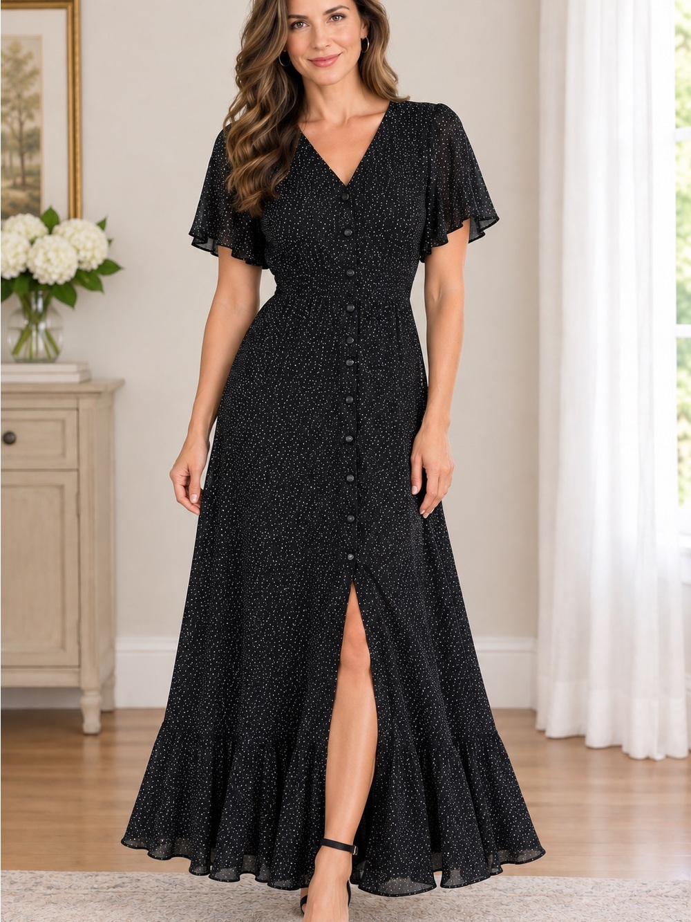 Express Black Maxi Dress with Subtle White Dot Print
